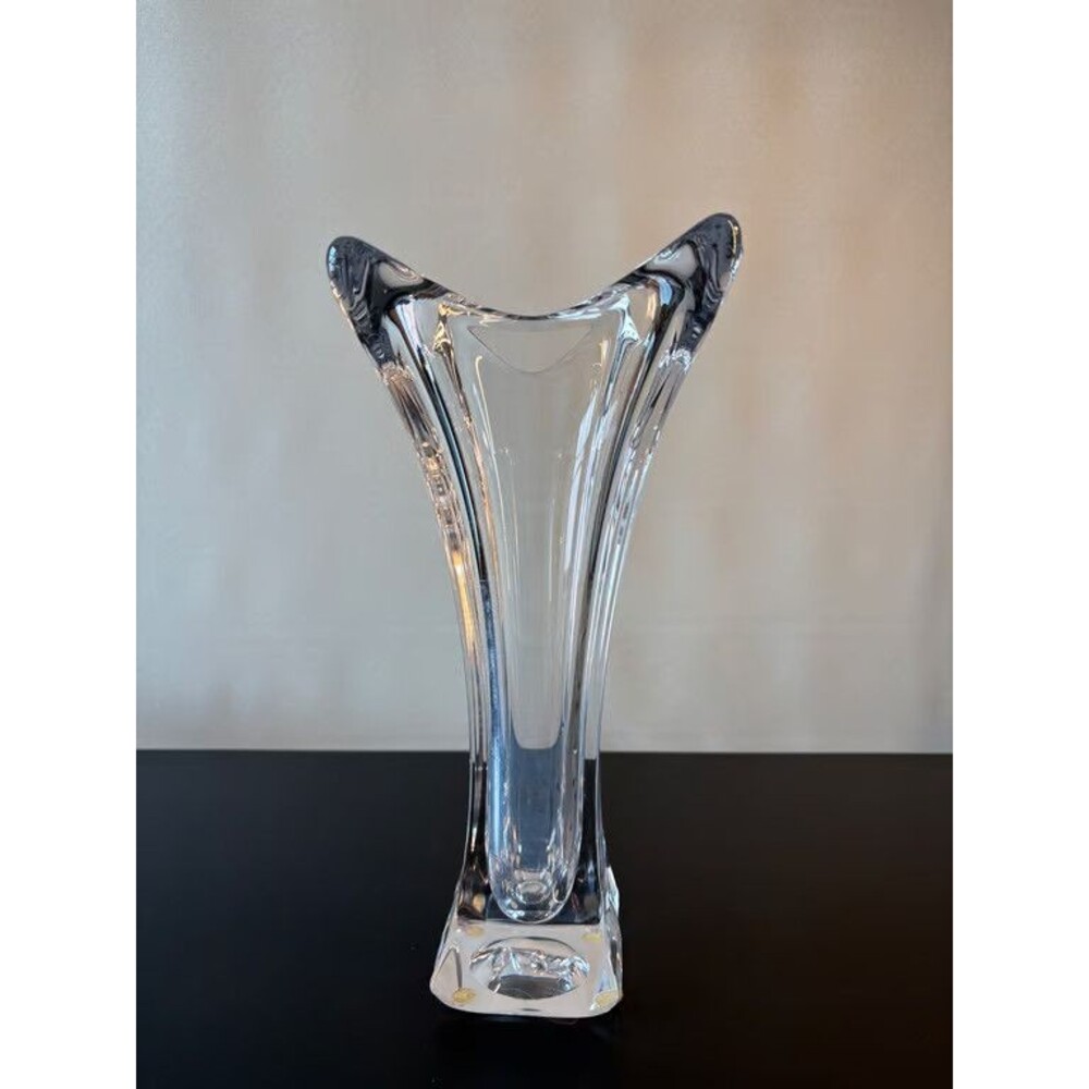 Tall Clear Crystal Flared Vase Sculptural Modern Signed